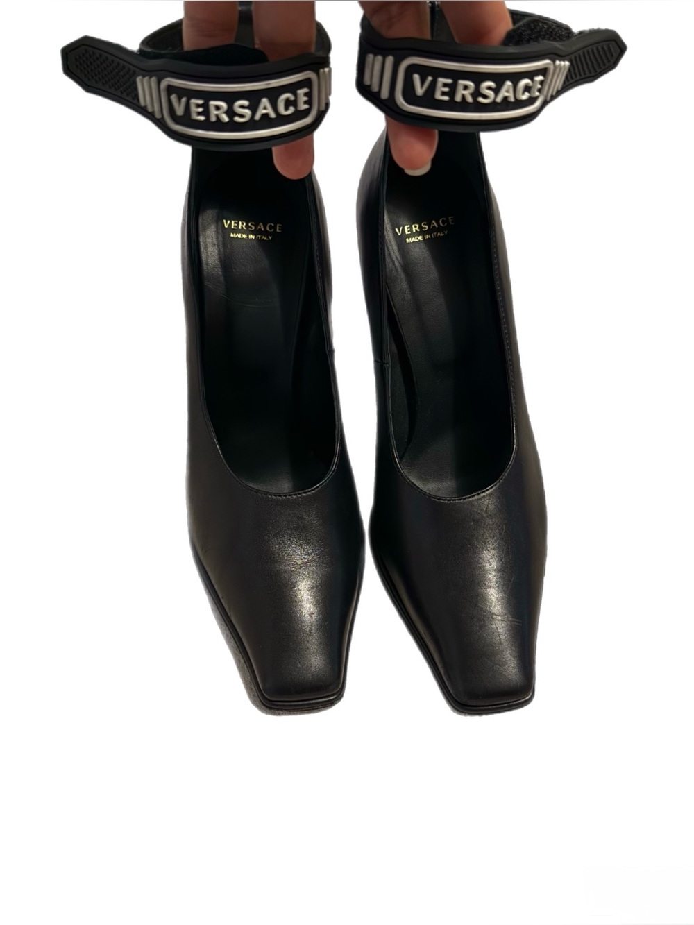 Versace 2017 Runway Black Leather Logo Ankle Strap Square Toe Pumps